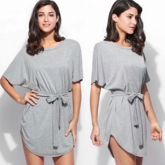 Oversized Shirttail Hem Tie Waist Shirt Dress Heather Grey - Picture 5 of 5